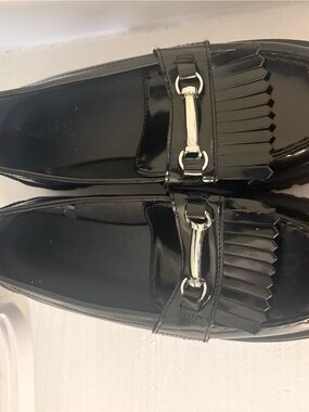Old Navy Black Patent Kiltie Loafers with Silver Hardware